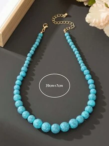1pc Minimalist Elegant Geometric Mixed Size Turquoise Beaded Necklace For Women - Turquoise - View 5