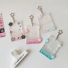 照片卡夹钥匙扣，3 英寸透明照片卡夹身份证夹保护套透明卡套星星照片卡钥匙扣适用于书包吊坠装饰、学校用品、返校