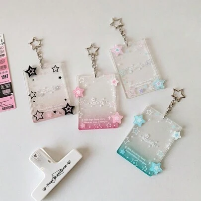 照片卡夹钥匙扣，3 英寸透明照片卡夹身份证夹保护套透明卡套星星照片卡钥匙扣适用于书包吊坠装饰、学校用品、返校