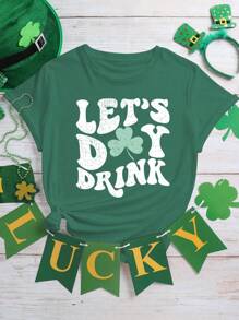 圣帕特里克节、幸运符、爱尔兰主题、三叶草主题、盖尔语风格礼物、三叶草和字母印花女士休闲短袖上衣夏季 - 綠色 - 查看 1