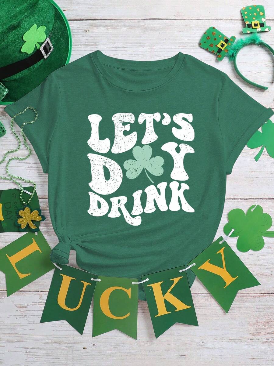 圣帕特里克节、幸运符、爱尔兰主题、三叶草主题、盖尔语风格礼物、三叶草和字母印花女士休闲短袖上衣夏季 - 綠色 - 查看 1