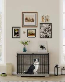 HEXCELEN XL Large Dog Crate Furniture, Dog Cage, 44.1" Indoor Dog Kennel Furniture With Barn Door, Wooden Tall Dog Crate, Heavy Duty Dog Cage For Large Dogs, Side End Table, Anti-Chew,Greige Black - 灰色 - 查看 6