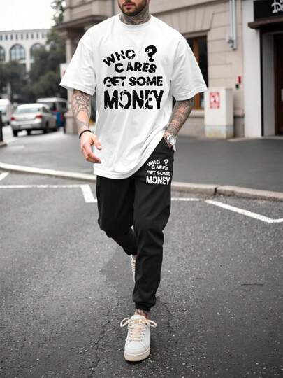 Men's Regular Version Printed T-Shirt And Sweatpants Set, Fashionable Casual Outfit With Pocket, 2 Pieces Suit For Spring