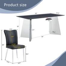 Table And Chair Set.63"X31.5x30" Black Marble-Patterned Slabs Tabletop With Stainless Steel Butterfly Legs.Paired With 6 Black PU Dining Chairs With A Vertical Stripe Design On The Backrest.