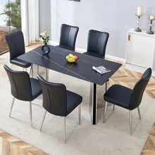 Table And Chair Set.63"X31.5x30" Black Marble-Patterned Slabs Tabletop With Stainless Steel Butterfly Legs.Paired With 6 Black PU Dining Chairs With A Vertical Stripe Design On The Backrest.