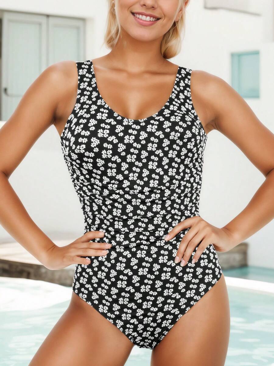 1 peça de maiô feminino floral jacquard tecido especial praia peça única, para férias de verão - Preto e Branco - Ver 1