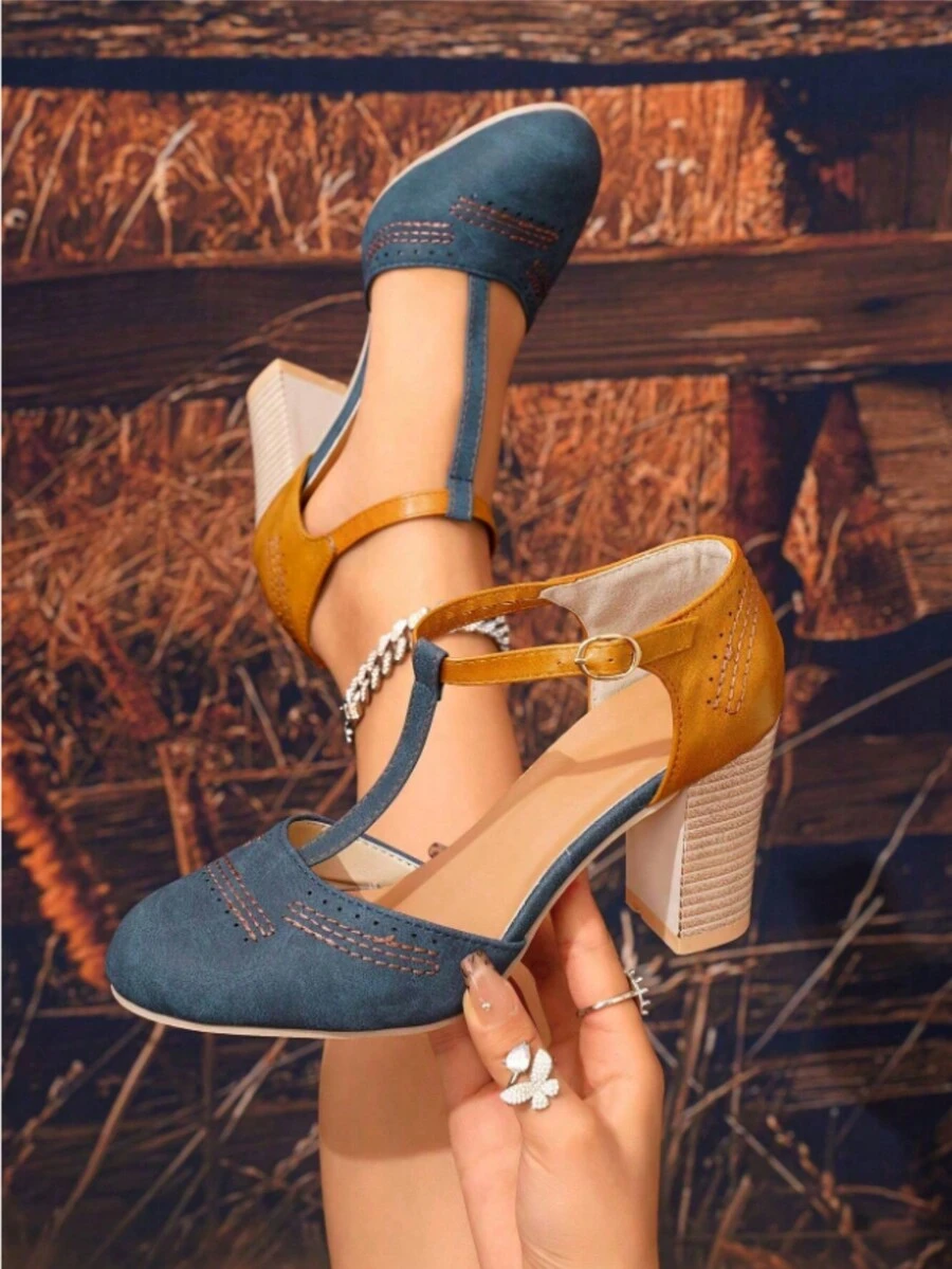 Sandali da donna con tacco alto e punta arrotondata, stile retrò, con cinturini, taglia comoda