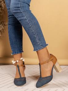 Sandali da donna con tacco alto e punta arrotondata, stile retrò, con cinturini, taglia comoda