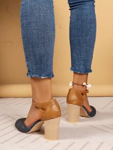 Sandali da donna con tacco alto e punta arrotondata, stile retrò, con cinturini, taglia comoda