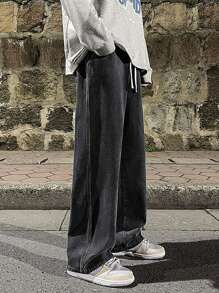 High-End Simple Versatile Straight Leg Washed Denim Jeans, Drawstring Elastic Waist Casual Pants, All Season