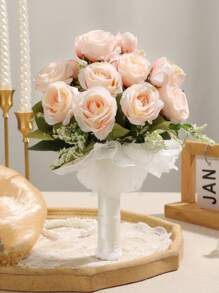 10英寸心形水晶新娘捧花，蕾丝蝴蝶结丝绸玫瑰婚礼仪式道具，毕业舞会礼物