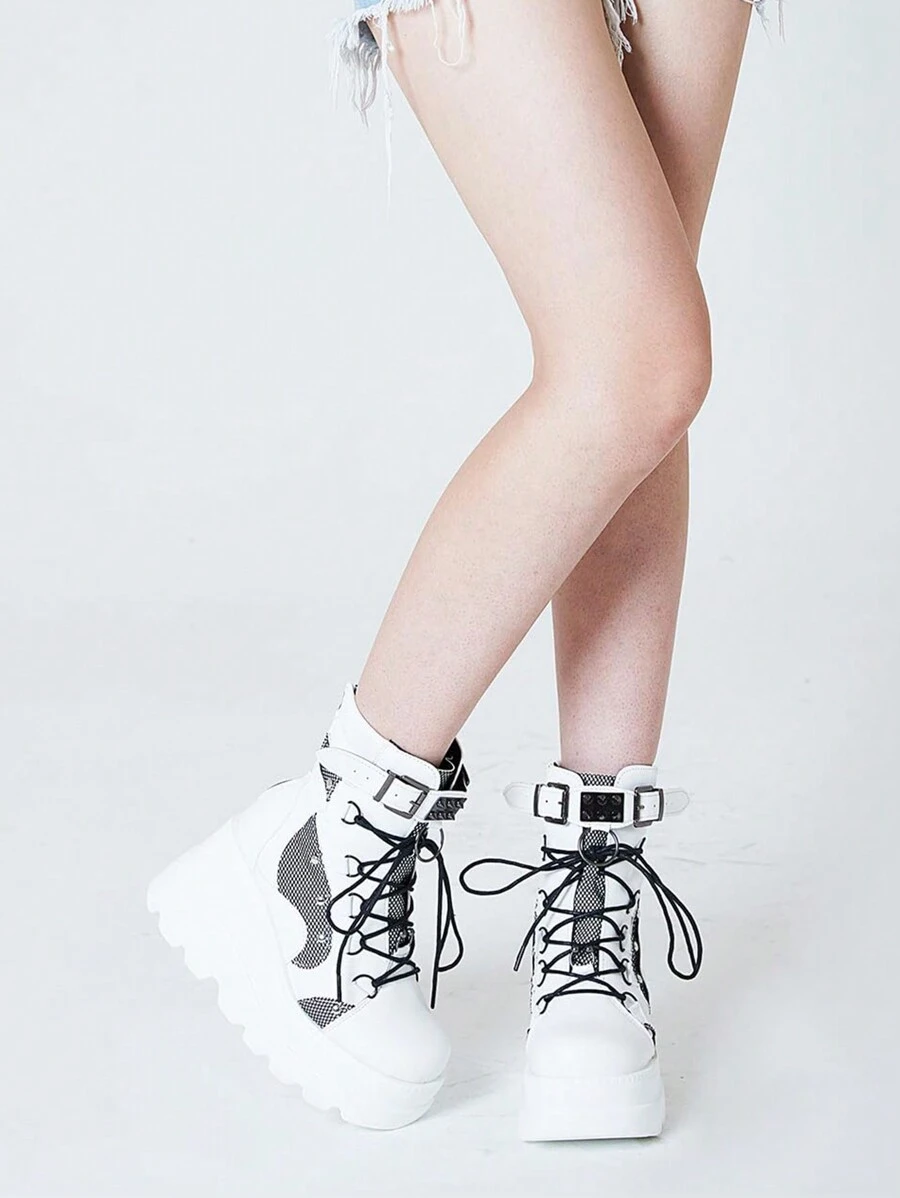 Women Motorcycle Punk Boots Platform High Wedges Heel Lace-Up Metal Buckle Ankle Boots Gothic Combat Boots Y2K - 白色 - 查看 1