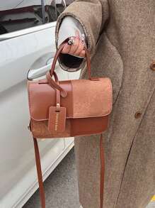 新款时尚简约格子拼布手提包，女士单肩包/斜挎包，日常工作通勤休闲使用，节日礼物 - 咖啡棕 - 查看 11