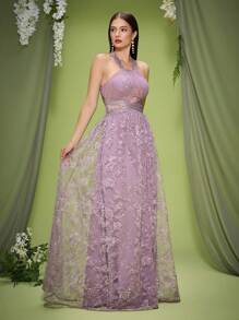 Anpoket 花卉蕾丝边细肩带透明刺绣喇叭形下摆晚礼服、派对礼服、婚礼宾客礼服、正式礼服、长袍 - 紫丁香色 - 查看 5