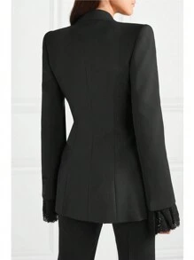 时尚优雅黑色纯色蕾丝拼接西装外套 - 黑色 - 查看 3