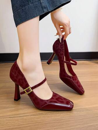 女士时尚豹纹拼接绑带超高跟方头高跟鞋，优雅迷人，适合约会，春夏新品