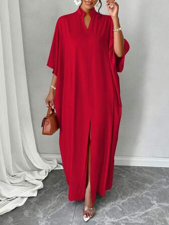 女士杏色 V 领蝙蝠袖开叉大腿连衣裙，秋冬装，简约日常，适合休闲、购物、外出，轻松搭配