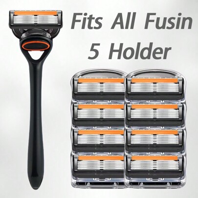 Set de ras de de lux pentru bărbați cu lame multiple ultra-ascuțite - Design ergonomic pentru un bărbierit fără efort - Cap de ras din oțel inoxidabil cu 5 straturi - Instrument de îngrijire a bărbii și mustății durabil și înlocuibil, cu mâner metalic