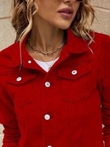 Womens Denim Jacket Single Button Classic Solid Color With Pockets Stylish Casual Jacket For Women Everyday Wear Comfortable Durable Fashion Outerwear - Đỏ - Xem 5