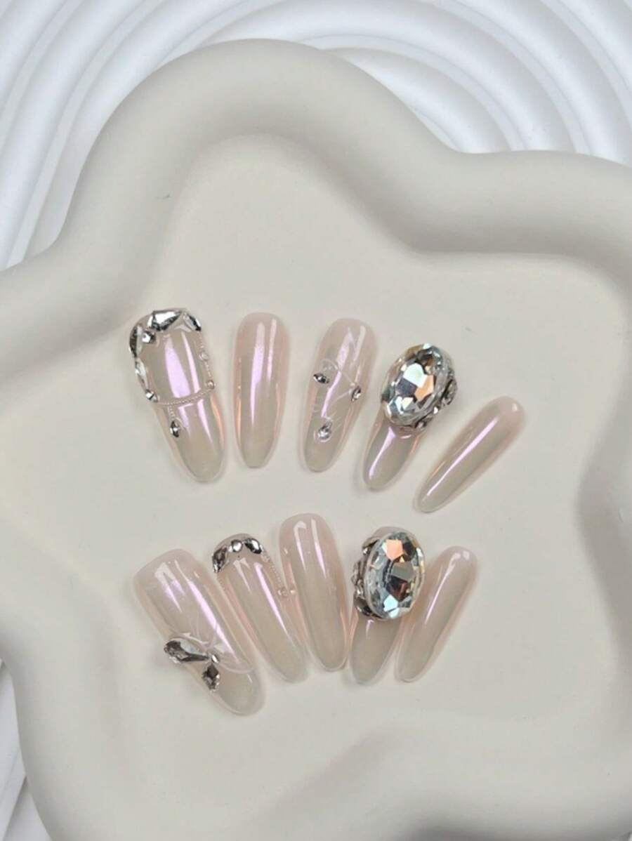 10Pcs Handmade Almond Shaped False Nails, Y2K, Cat Eye Craft, With Sparkling Rhinestones, Gorgeous And Luxurious Style, High-End Quality, Suitable For Different Styles Of Women'S Daily And Holiday Wear, Removable And Reusable Press On Nails Nail Supplies Nails - Multicolor - View 1