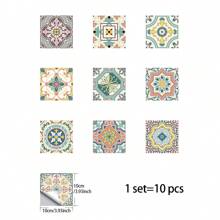 10 件花卉印花瓷砖贴纸，自粘 PVC 墙纸，适用于厨房、客厅、浴室墙壁、地板、桌子、橱柜和其他家居装饰翻新 - 彩色 - 查看 11