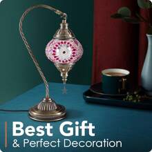 Yarra-Decor Turkish Moroccan Lamp With Bronze Base 3 Color Options Handmade Swan Neck Mosaic Glass Bedside Lamps For Bedroom (LED Bulb Included) - 美規A型插(110-127V) - 查看 3