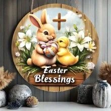 1PC Easter Celebration Circular Wooden Sign - Rabbit And Chick Wreath Design, Used For Door And Wall Decoration, Perfect For Families, Living Rooms, Dining Rooms, Bars, Cafes, Yards, Garage