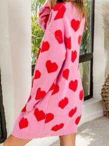 Women's Loose Knit Sweater Long Sleeve Drop Shoulder Open Front Heart Print Cardigan Fall Coat - 粉色 - 查看 4