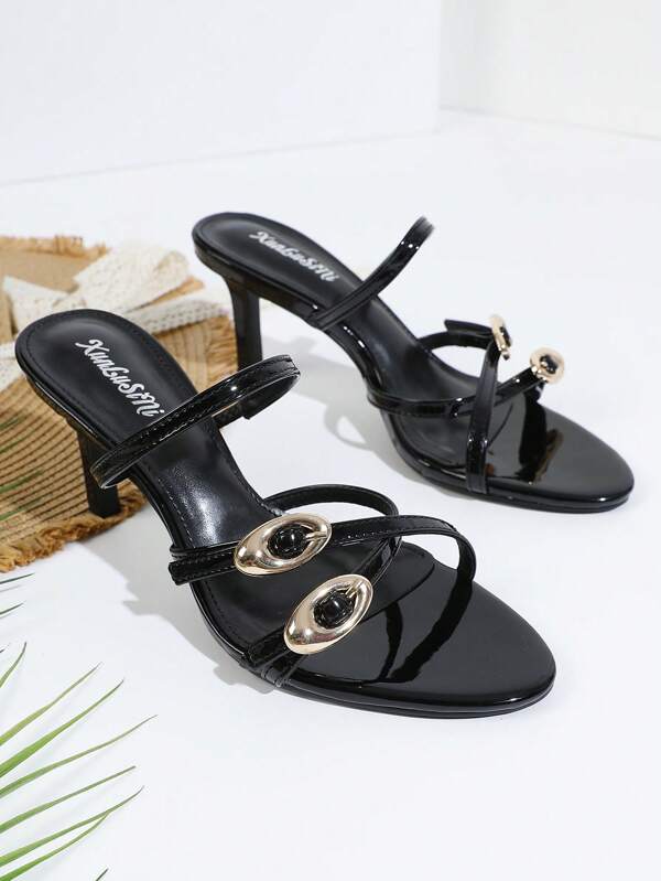 Black Patent Leather High Heel Sandals With Metal Buckle Crossing Straps, Pointed Toe Peep Toe Stilettos, Quality Fashion Shoes, New Spring/Summer 2025'