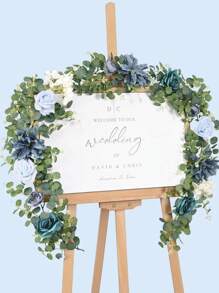 1pc Artificial Eucalyptus Garland With Flowers, Wedding Table Flower Garland Decorations, Floral Rose Garland For Centerpieces Backdrop Wall Flower Vines For Room Decor (Dusty Blue)