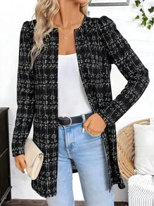Chaqueta Negra de Malla de Manga Larga y Cuello Redondo, Estilo Casual, Chaqueta a la Moda - Negro - Ver 7