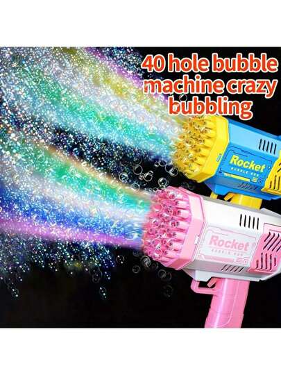 Machine à bulles électrique à 40 trous pour enfants, pistolet à bulles automatique de type Gatling portatif pour l'extérieur, jouet de fête avec lumière LED, cadeau pour cheveux (liquide à bulles et 4 piles AA non incluses, en plastique)