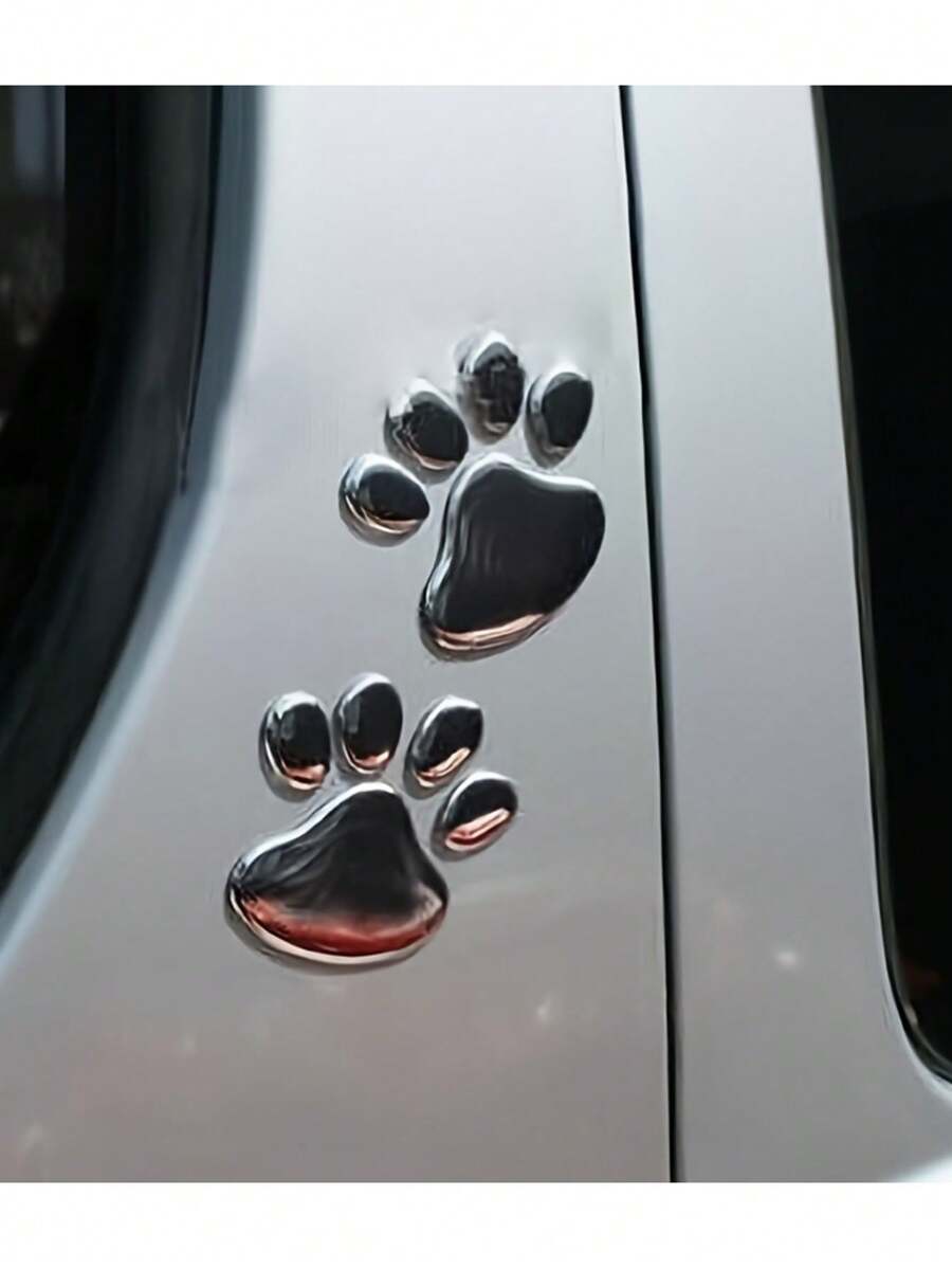 1 Set Metal Claw Print Car Stickers - 3D Animal Dog Cat Paw Print Decals Suitable For Car Bumper, Window, Body Decoration & Styling, Universal - Silver - View 1