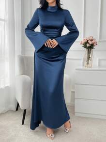 Women's Elegant Robe Dress With Waist Ruffle, Long Sleeve Evening Gown, Spring/Summer