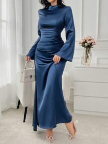Women's Elegant Robe Dress With Waist Ruffle, Long Sleeve Evening Gown, Spring/Summer
