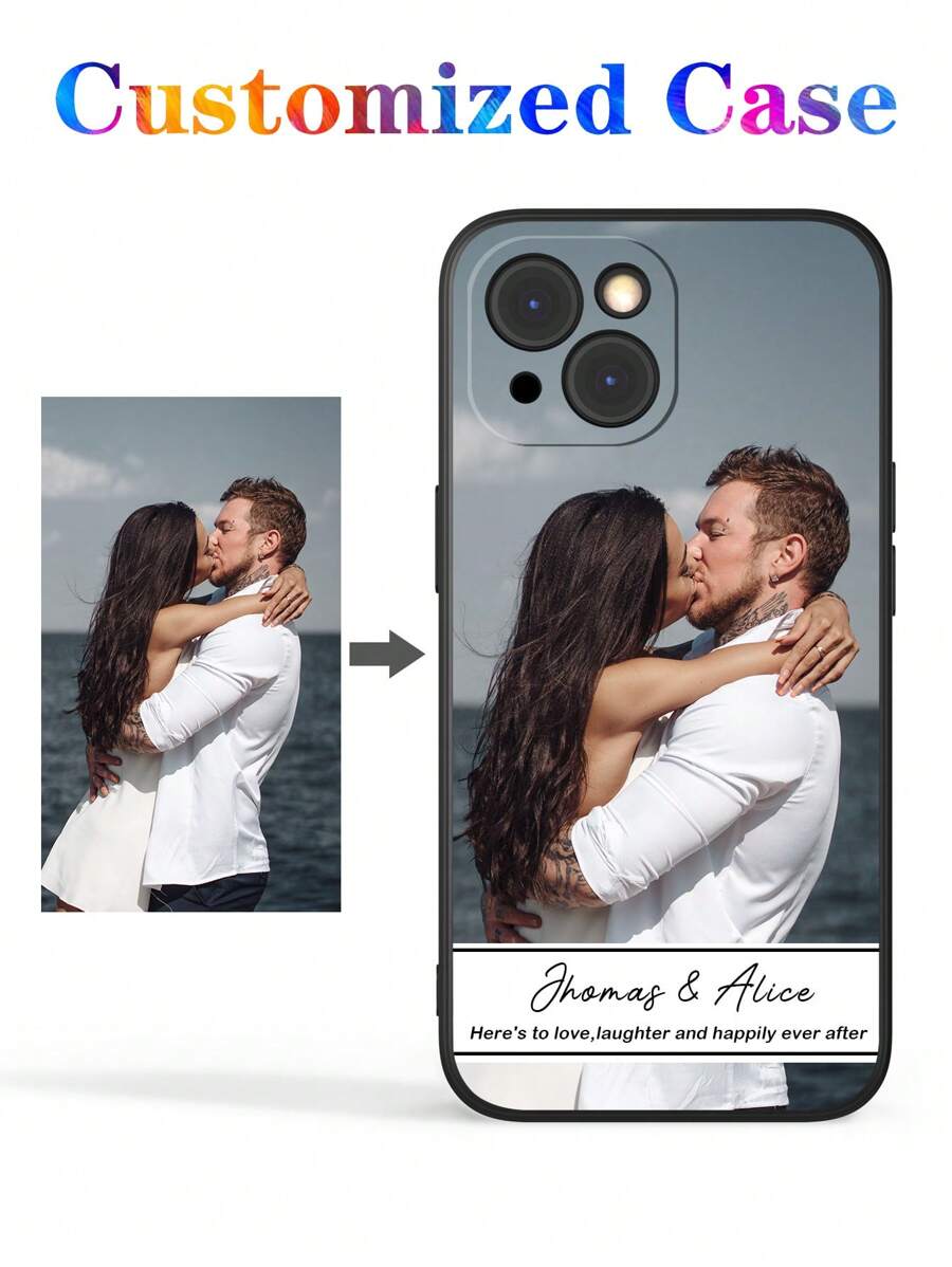 Capa de Celular Personalizada com Foto do Casal e Texto, Foto Retrato Memória Especial, Presente do Dia dos Namorados, Presente de Aniversário para Marido, Esposa, Namorada. Presente do Dia dos Namorados com Combinação de Letras de Nome Personalizado, Presente de Aniversário de Casal Personalizado, Presente Personalizado para Ela - Preto - Visão 1