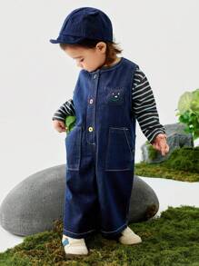 mini bala Kids' Suspender Pants Set, Long-Sleeve Top And Overalls, Spring New Arrival - Denim Dark Blue - View 2