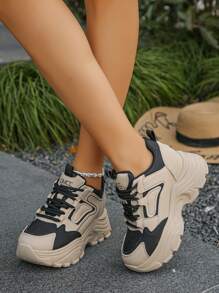 Women's Platform Sneakers, Fashion Versatile Lace-Up Round Toe Contrast Color Casual Shoes, Slimming And Height Increasing - Black - View 6