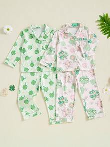 Kids Toddler Spring Pajama Sets Shamrock Pattern Button V Neck Long Sleeve Tops And Pants Lounge Wear 2 Pcs Set - Green - View 6