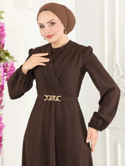 Vestido longo elegante feminino, de alta qualidade, com decote redondo, cor lisa, cintura linda e justa, modesto