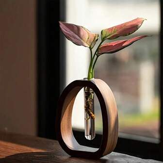 1pc Minimalist Walnut Wood Timer-Shaped Glass Hydroponic Plant Vessel - Decorative Teardrop Design For Home Decor, Ideal For Artificial Greenery, Tabletop Ornament|Modern Aesthetic|Wood Glass Combination, Tree Decor Vase Room Decor Flower Vase Glass Vase