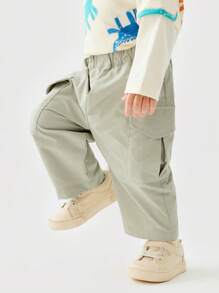 mini bala Pantalones cargo elásticos para exteriores para niños, pantalones elásticos de primavera para niños y niñas - pasta de judías verdes - Ver 2