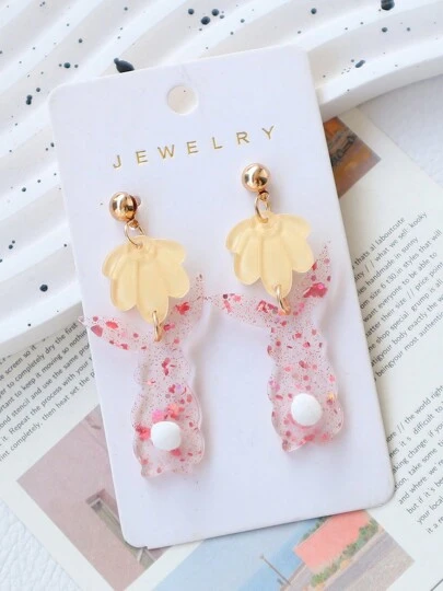 1 par de pendientes de oreja de conejo de acrílico con decoración de pompón de cola hecho a mano, pendientes de regalo para fiesta festiva