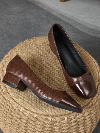 女士时尚拼布方头石纹一脚蹬粗跟高跟鞋，适合度假、旅行、户外、休闲、复古、绿色、高端