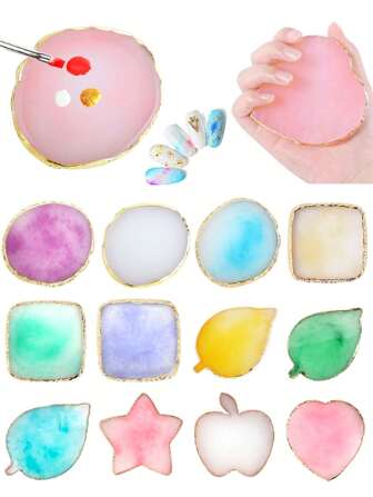 1 Pc Star Round Square Leaf Heart Apple Resin Agate Palette Nail Polish UV Gel Paint Drawing Colors Mixing False Nails Display Manicure Accessory Tools,Nail Supplies,Nail Tools,Nail Art Tools,Back To School,Nails,Nail Tools For Press On Nails