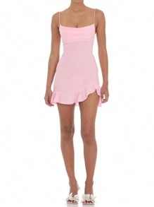 Vestido mini con volantes para mujer, de un solo color, con cuello cuadrado, sin mangas, con tirantes de espagueti, espalda cruzada y ajustado, para uso en clubes - Rosa - Ver 4