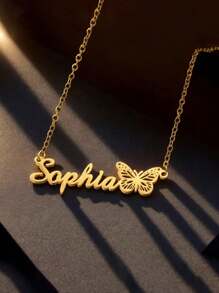 1 pièce Collier pendentif personnalisé avec papillon et nom - Design élégant et simple, matériau en acier inoxydable, bijou de mode personnalisé, cadeau parfait pour elle, pour un port quotidien et pour offrir