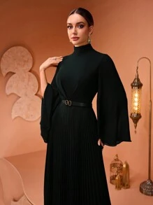 New Luxury Fashion Elegant Flared Sleeve Pleated Chiffon Dress With Waist Belt And Flared Skirt, Formal Evening Party Gown (Size Runs Large, Customers Are Advised To Check Size Chart When Ordering) - Black - View 4