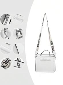 Classic Women's Square Shoulder Bag With PU Purse, Plain Letter Zipper Handbag With Adjustable Strap Large Capacity, For Halloween, Christmas - 白色 - 查看 3