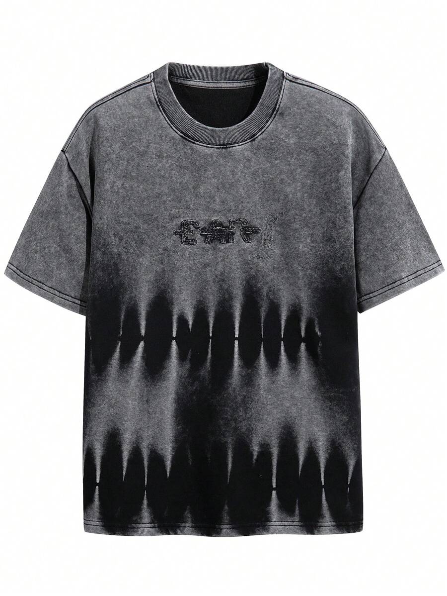 Men's Vintage Washed Letter Print Casual Short Sleeve T-Shirt, Summer - Black - View 1